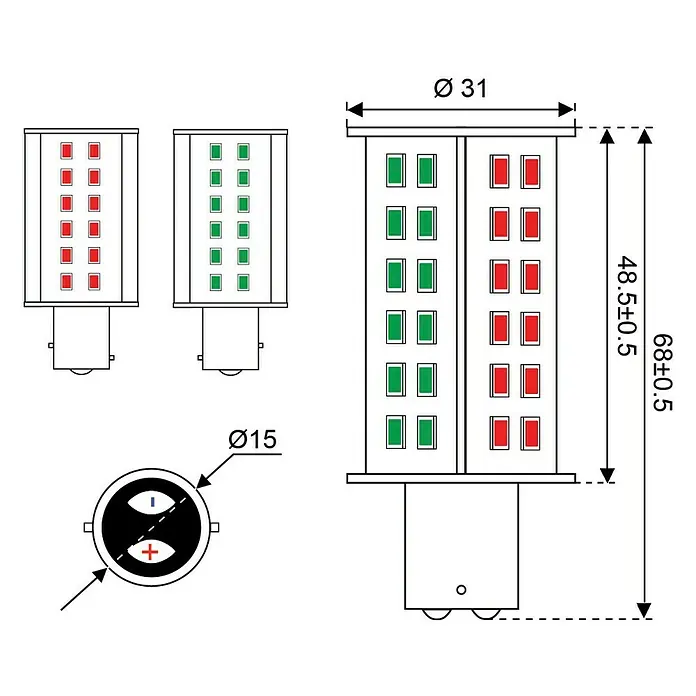 Talamex LED-Navigationsleuchtmittel für Boote - 4,5 W, 10 V - 30 V, Lichtfarbe: Mehrfarbig - LED-Leuchtmittel mit roter und grüner Anzeige, Maße Ø31 mm und 68±0.5 mm Höhe, inklusive Sockel mit Ø15 mm für diverse Anwendungen.