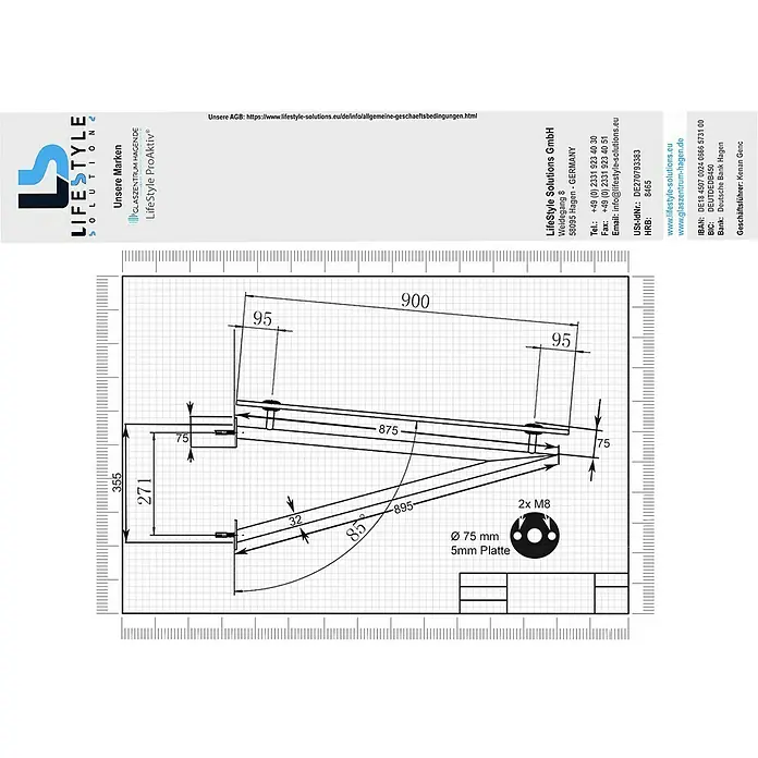 Glaszentrum Hagen Vordach 180x90 cm Klarglas Glasvordach - V-Halter in RAL7016 - 180 x 90 x 40 cm