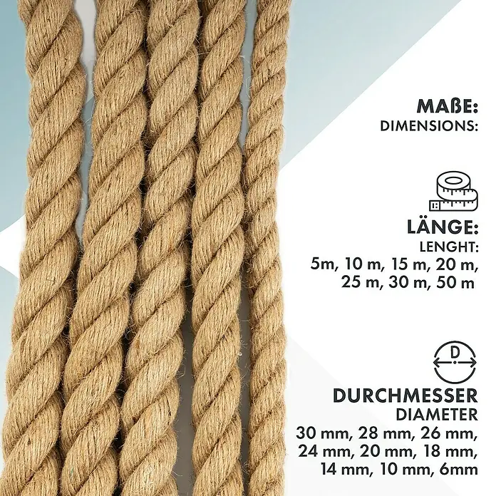 Karat Seil Jute Arnold - Seillänge: 25 m, Naturfaser, Durchmesser: 26 mm - Mehrere Stränge gedrehter Naturfaserseile in verschiedenen Dicken.