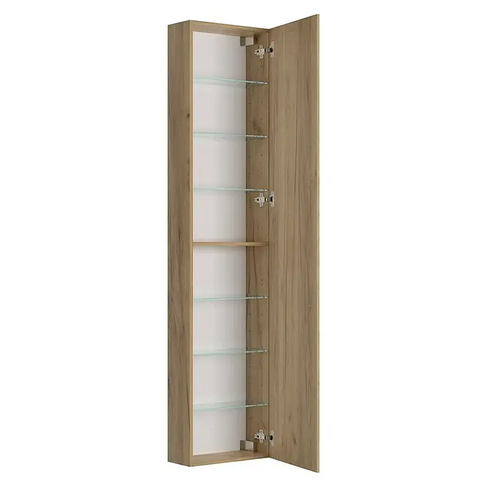 Camargue Espacio Hochschrank - 40 x 17 x 170 cm, Farbe Griff: Chrom, Doce - Ein offener, hoher Badezimmerschrank in Holzoptik mit mehreren Glasablagen und einer Holzablage, ideal zur Aufbewahrung von Badutensilien.