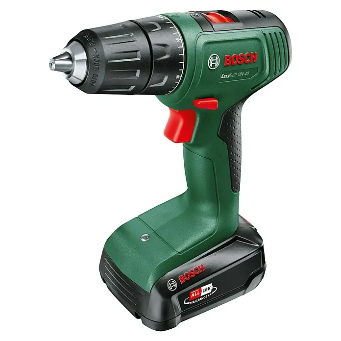 Bosch Power for All 18V Akku-Bohrschrauber EasyDrill 18V-40 - 18 V, 1 Akku, 1,5 Ah, 32 Nm - Grüne und schwarze Bosch EasyDrill 18V-40 Akkubohrmaschine, bereit für Schraub- und Bohrarbeiten.