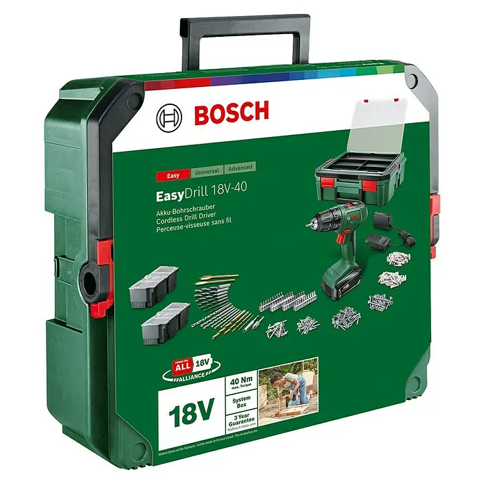 Bosch Power for All 18V Akku-Bohrschrauber EasyDrill 18V-40 - 18 V, 1 Akku, 1,5 Ah, 32 Nm - Bosch EasyDrill 18V-40 Akku-Bohrschrauber-Set im grünen Koffer, mit Bohrer, Akkus, Ladegerät, Bits, Schrauben und Dübeln.