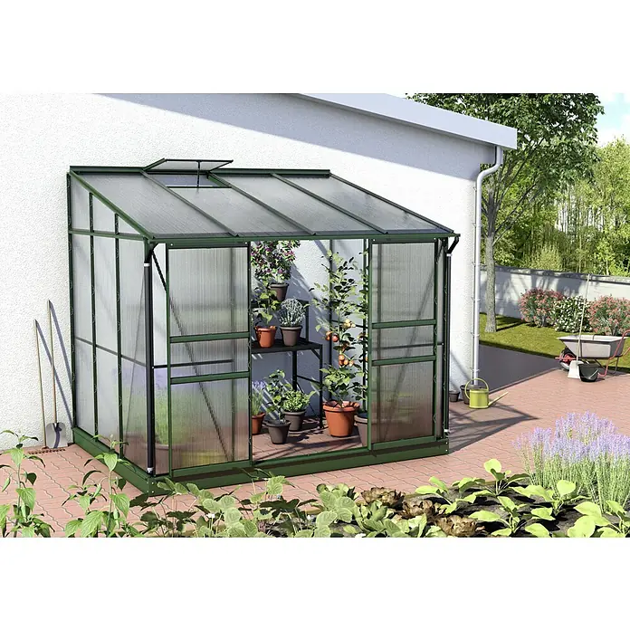 Vitavia Gewächshaus Osiris 5200 - Außenmaß inkl. Dachüberstand (B x T): 262,1 x 201 cm, 6 mm, Smaragd - Nahaufnahme eines Gewächshauses mit Pflanzen auf einem Regal und Pflanzen im Boden.