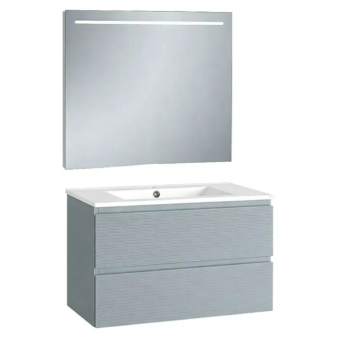Conjunto de mueble de baño Cristal - Azul, 3 pzs. - Mueble de baño gris claro suspendido con lavabo blanco y dos cajones acanalados, junto a un espejo rectangular con tira de luz LED.
