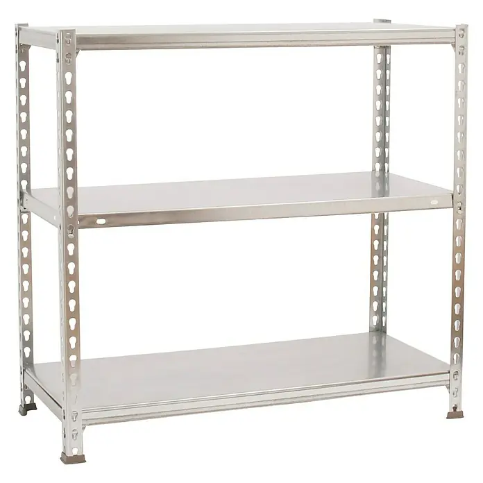Simonrack Simonclick Estantería metálica Ecoclick Mini - Al x An x Pr: 90 x 80 x 50 cm, Capacidad de carga por balda: 70 kg, Número de baldas: 3 ud., Inserción, Galvanizado - Estantería plateada con tres estantes, que ofrece niveles ajustables para almacenamiento y organización.