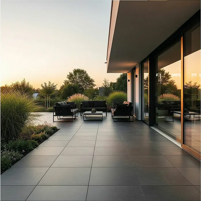 Terrassenfliese Tempio - 60 x 60 x 2 cm, Anthrazit, Matt - Dunkelgraue Outdoor-Terrassenfliesen auf einer modernen Terrasse mit eleganten schwarzen Loungemöbeln.