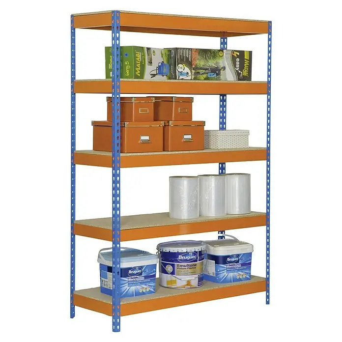 Simonrack Bricoforte Estantería para cargas pesadas Chipboard - Al x An x Pr: 200 x 120 x 60 cm, Capacidad de carga por balda: 300 kg, Número de baldas: 5 ud., Inserción, Azul/Naranja - Imagen de una estantería que contiene cubos de pintura, rollos de embalaje, cajas de cartón y pulverizadores, ordenados.