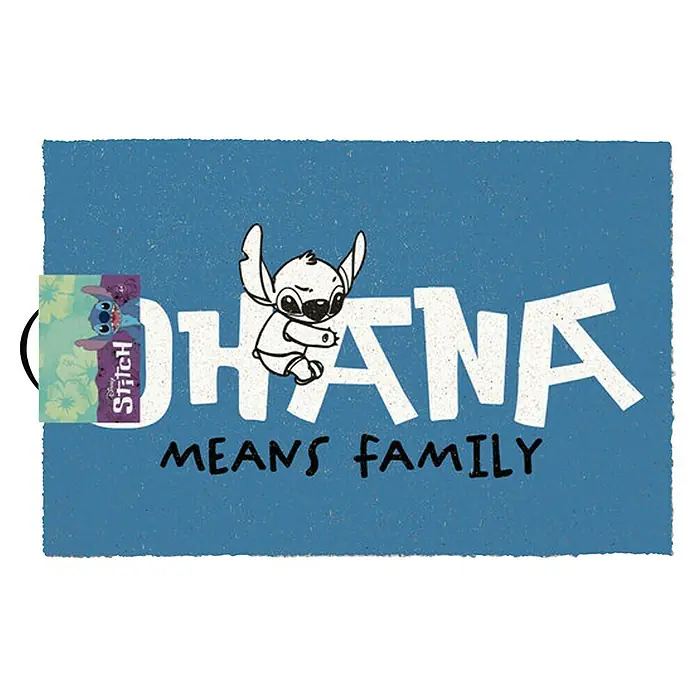 Fußmatte Lilo & Stitch - 60 x 40 cm, Ohana, Material Nutzschicht: Kokos - Blaues Grafik mit weißem Stitch und dem Text „OHANA MEANS FAMILY“.