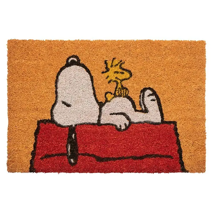 Fußmatte Snoopy - 60 x 40 cm, Material Nutzschicht: Kokos - Kokos-Fußmatte mit Snoopy, der auf seiner roten Hundehütte schläft, und Woodstock.