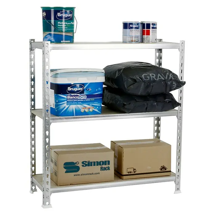 Simonrack Maderclick Metallregal Maderclick - H x B x T: 90 x 90 x 40 cm, Traglast pro Boden: 150 kg, Anzahl Böden: 3 Stk., Stecken, Silber - Ein Regal mit drei Ebenen, beladen mit Farbeimern der Marke Bruguer, Säcken mit Kies und Kartons von Simon Rack.