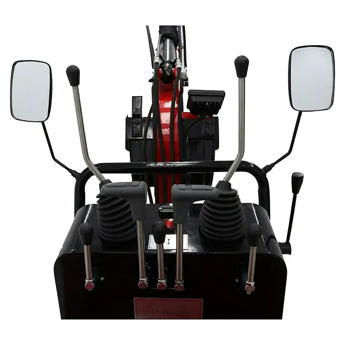 HZC Power Minibagger SBKB801 - 11 kW, Benzin, Auslegerschwenkbereich: -60 ° - 60 ° - Schwarzes Bedienfeld mit silbernen Hebeln, grauen Griffen und zwei Rückspiegeln für einen Bagger.