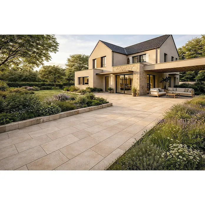 Granulati Zandobbio Terrassenfliese Torre - 40 x 80 x 2 cm, Botticino, Matt - Rechteckige, hellbeige Outdoor-Pflasterplatten bilden eine geräumige Terrasse neben einem modernen Haus und Garten.