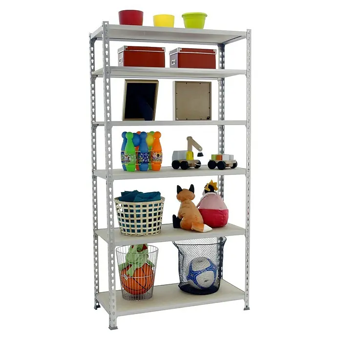 Simonrack Maderclick Estantería metálica Mini - Al x An x Pr: 250 x 80 x 40 cm, Capacidad de carga por balda: 150 kg, Número de baldas: 6 ud., Inserción, Galvanizado - Sistema de estanterías con varios contenedores de almacenamiento, incluyendo cestas, cajas y juguetes, ofrece almacenaje y organización.