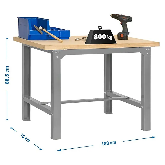 Simonrack Simonwork Banco de trabajo BT6 - L x An: 75 x 180 cm, Altura de trabajo: 86,5 cm, Carga soportada: 600 kg, Gris - Imagen de un banco de trabajo robusto con herramientas e indicación de capacidad de peso.