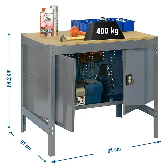 Simonrack Simonwork Banco de trabajo BT0 Locker - L x An: 61 x 90 cm, Altura de trabajo: 84,2 cm, Carga soportada: 400 kg, Gris - Banco de trabajo con estructura metálica robusta, tablero de madera y armario con cerradura para herramientas y accesorios. Carga: 400 kg.