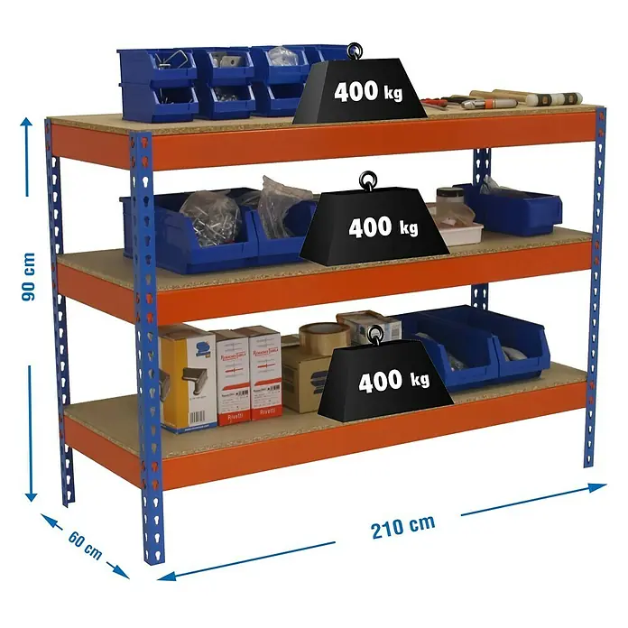 Simonrack Simonwork Werkbank Basic 3 - L x B: 60 x 210 cm, Arbeitshöhe: 90 cm, Belastbarkeit: 1.200 kg, Orange/Blau - Bild eines Regals mit drei Ebenen, das mit Werkzeugen, Behältern und Kisten beladen ist und eine Traglast von 400 kg pro Ebene hat.