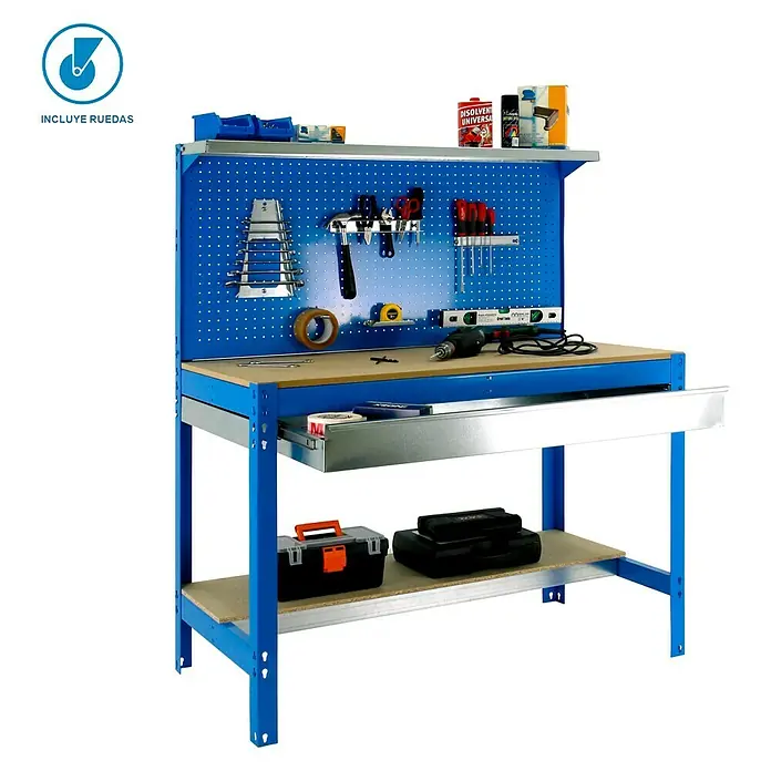 Simonrack Simonwork Banco de trabajo BT3 Box Mobile - L x An: 61 x 121 cm, Altura de trabajo: 144,5 cm, Carga soportada: 120 kg, Azul - Imagen de producto de un banco de trabajo con herramientas y accesorios, ideal para bricolaje y profesionales.