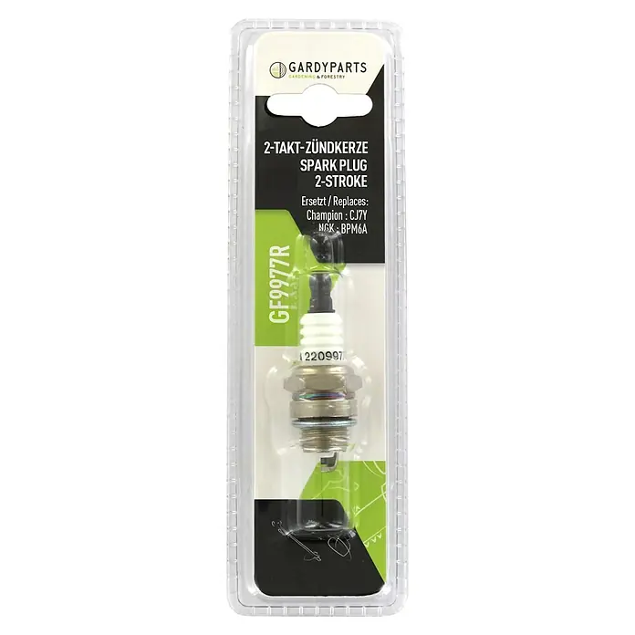 GardyParts Zündkerze BPM6A/ CJ7Y - 1 Stk., Passend für: 2- und 4-Takt Motoren - GARDYPARTS 2-Takt-Zündkerze (Modell GF9977R) in durchsichtiger Blisterverpackung.