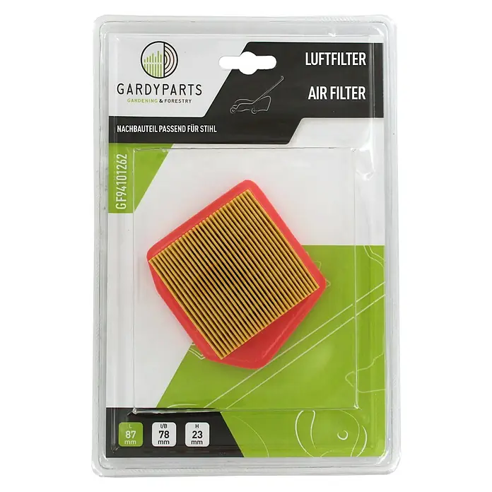 GardyParts Luftfilter - Passend für: STIHL Blasgeräte BR 320, BR 400 & STIHL Freischneider FS 490, FS 510, FS 560 - Gelber und roter Luftfilter für Stihl in Klarsichtverpackung mit Gardyparts-Branding und Abmessungen.