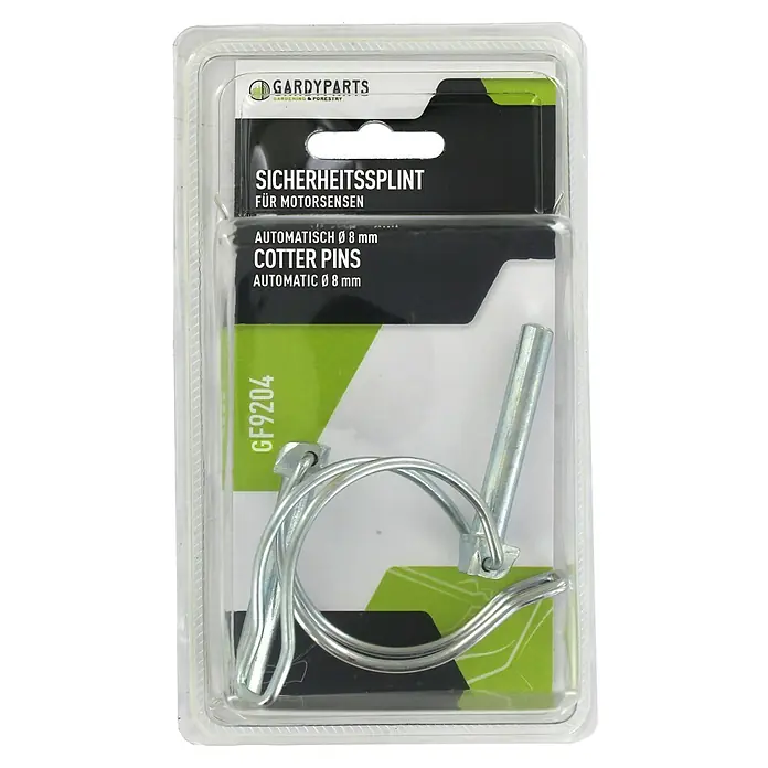 GardyParts Splint-Set GF9204 - Durchmesser: 8 mm, Metall, Länge: 50 mm - Blisterverpackung mit silbernen 8mm automatischen Sicherheitsplinten für Motorsensen, Marke GardyParts.