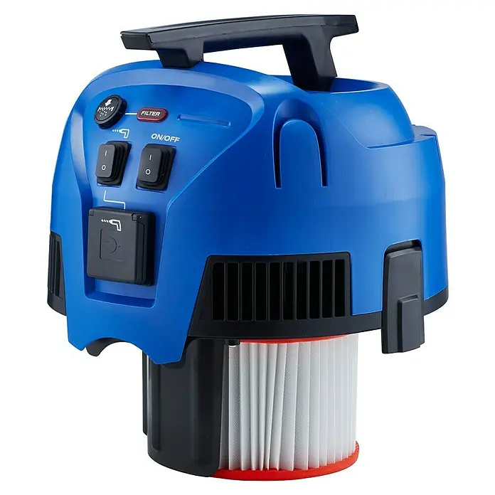 Nilfisk Elektro-Nass- & Trockensauger Multi II 30 T EU - 1.400 W, Behältervolumen: 30 l, Halbautomatisch - Ein blauer Akku-Staubsauger mit einem schwarzen Griff und einem Filter mit roten Rändern.