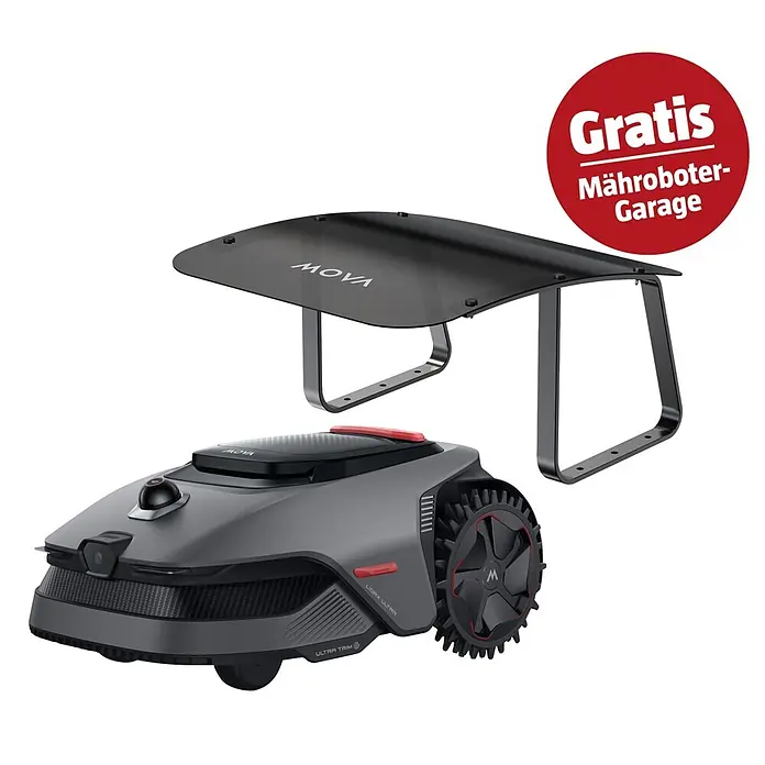 Mova Mähroboter-Set Lidax Ultra 1000 - 1.000 m², Schnittbreite: 20 cm, Kamera-gestützte Navigation, LiDAR - Dunkelgrauer Mähroboter mit roten Akzenten und schwarzen Rädern sowie passendes, dunkles Schutzdach mit transparentem Oberteil.