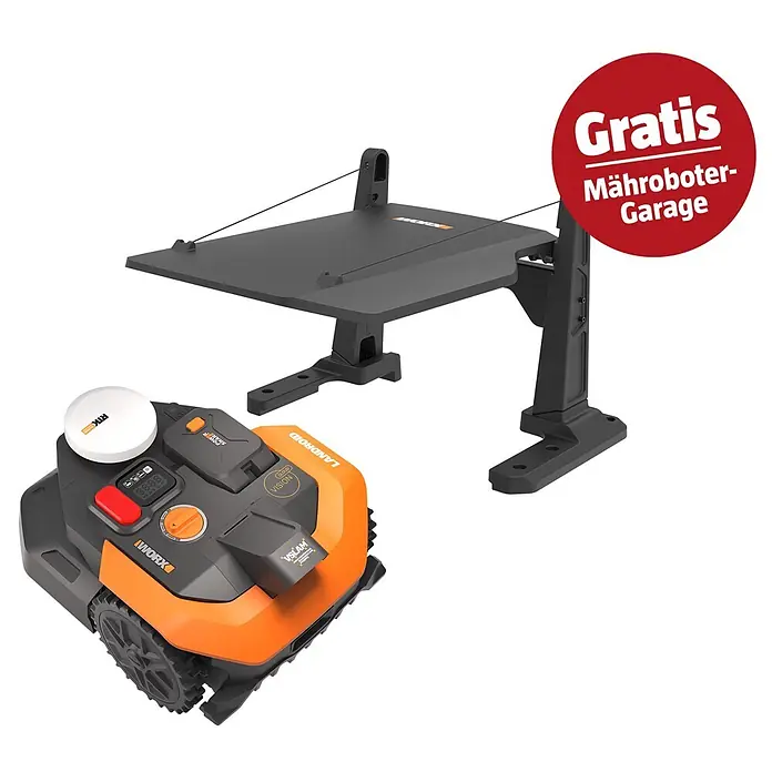 Worx PowerShare 20V Mähroboter-Set S300 Vision Cloud WR303E - 300 m², Schnittbreite: 18 cm, Satellitengestützte Navigation, RTK - Ein orange-grauer WORX Landroid Mähroboter mit einer schwarzen Schutzhütte.