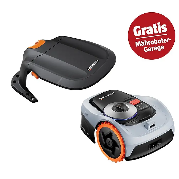 Segway Mähroboter-Set I206E AWD - 600 m², Schnittbreite: 18 cm, Satellitengestützte Navigation, GPS - Navimow-Mähroboter und seine dunkelgraue Ladestation oder Abdeckung, beide mit orangefarbenen Akzenten.