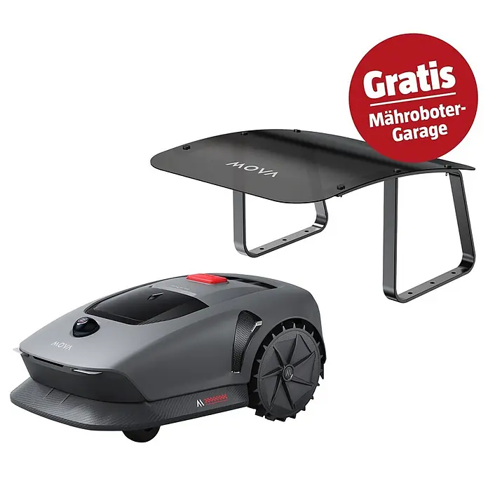 Mova Mähroboter-Set 600 Plus - 600 m², Schnittbreite: 20 cm, Laser-gestützte Navigation, LiDAR - Dunkelgrauer MOVA Rasenmäher Roboter mit passender Schutzüberdachung für die Ladestation.