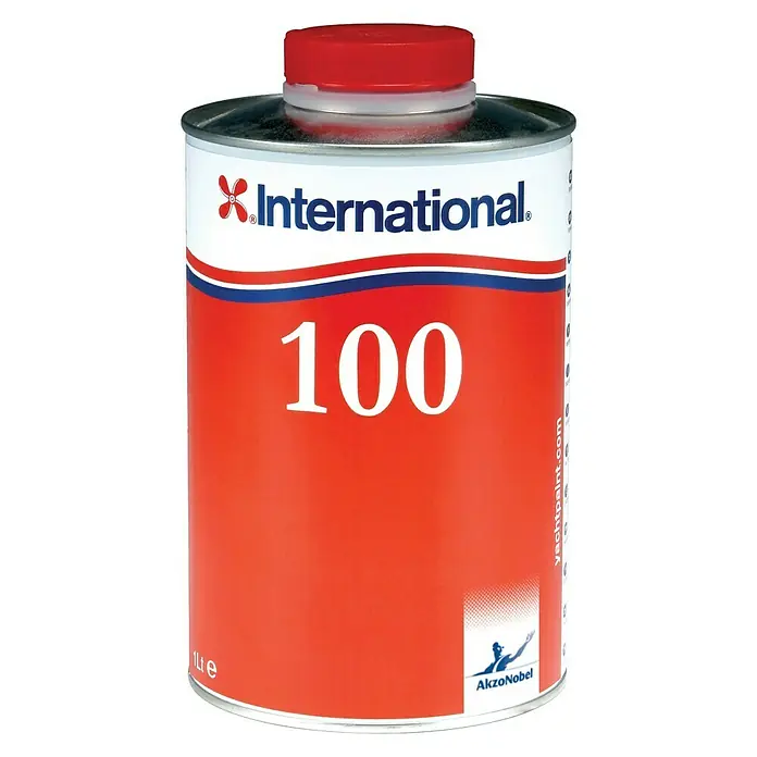 International Verdünnung No. 100 - 1 l, Passend für: International Perfection Lacke - Abbildung einer Dose International Verdünner 100, ein hochwertiges Lösungsmittel für Yachtlacke und Farben, mit rotem Deckel und Etikett.