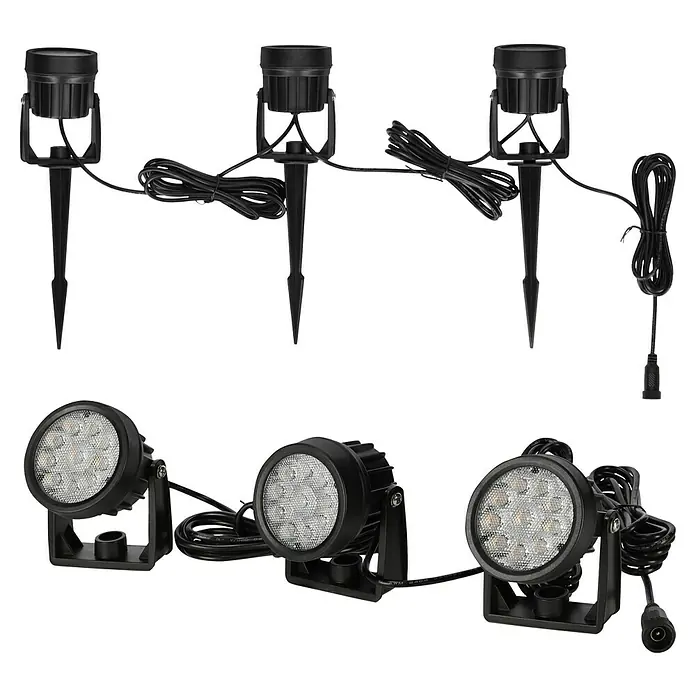 BAUHAUS Solarleuchten-Set - 3 W, Schwarz, IP44, 150 lm - Schwarze LED-Außenstrahler: Spieß- und Standleuchten, mit LEDs und schwarzen Kabeln verbunden.