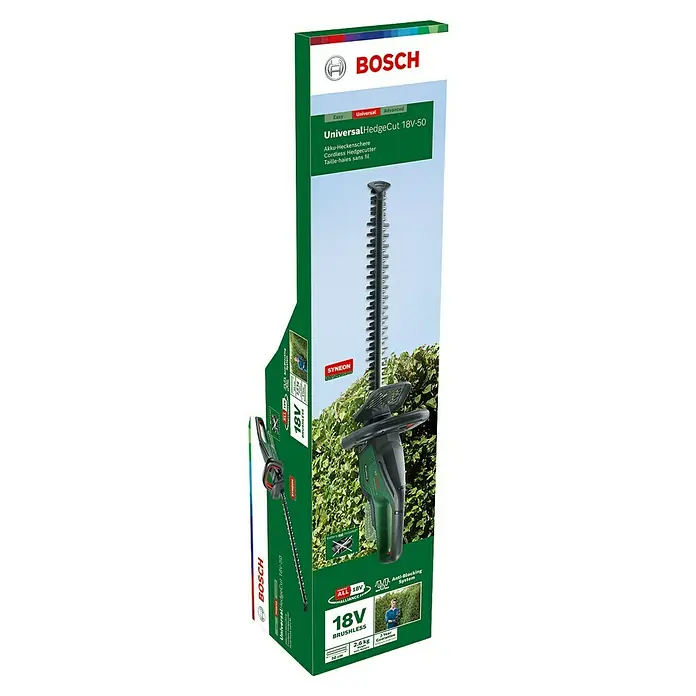 Bosch Power for All 18V Akku-Heckenschere UniversalHedgeCut 18V-50 - 2,5 V, Li-Ionen, Ohne Akku, Schnittlänge: 50 cm - Grüne und schwarze Bosch UniversalHedgeCut 18V-50 Akku-Heckenschere auf Verpackung, zeigt bürstenlosen Motor und 18V Funktionen.