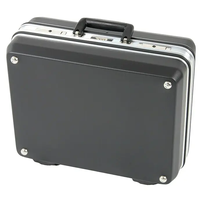 Hepco & Becker Werkzeugkoffer Budget 5072 - L x B: 430 x 510 mm, Höhe: 220 mm, ABS - Das Bild zeigt einen klassischen schwarzen Aktenkoffer mit silberfarbenen Beschlägen und einem Zahlenschloss. Er bietet einen stilvollen Look für professionelle Ansprüche.