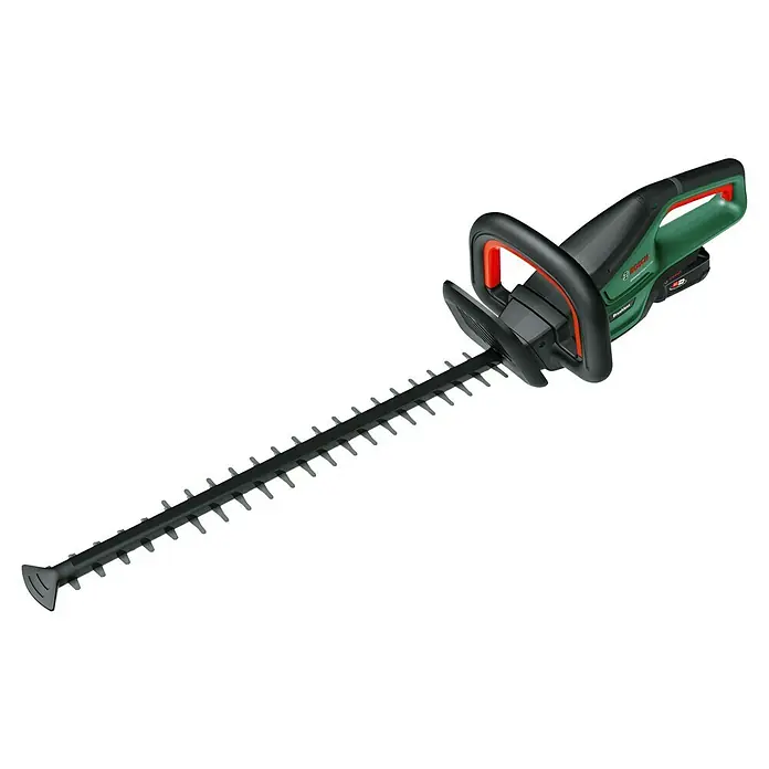 Bosch Power for All 18V Akku-Heckenschere UniversalHedgeCut 18V-50 - 2,5 V, Li-Ionen, Ohne Akku, Schnittlänge: 50 cm - Grüne und schwarze Akku-Heckenschere mit langer Klinge und orangefarbenen Details.