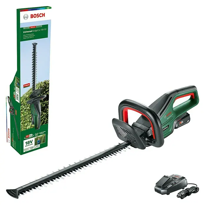 Bosch Power for All 18V Akku-Heckenschere UniversalHedgeCut 18V-50 - 18 V, Li-Ionen, 1 Akku, Schnittlänge: 50 cm - Bosch Universal HedgeCut 18V-50 Akku-Heckenschere, grün-schwarz, mit Akku, Ladegerät und Verpackung.