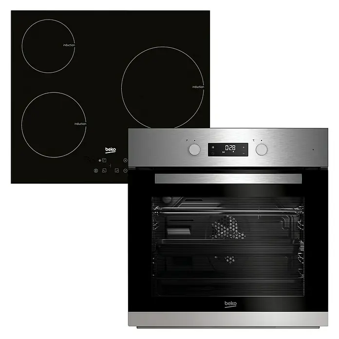 Beko Set de horno y zona de cocción BSE22341X - Volumen horno: 71 l, Zonas de cocción: 3 ud. - La imagen muestra una placa de inducción y un horno Beko. Electrodomésticos perfectos para cualquier cocina moderna, ofreciendo tecnología eficiente.