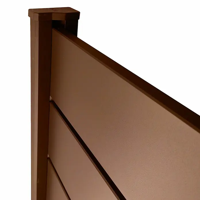 Dioco Smartwall Valla doble - L x Al: 360 x 100 cm, Óxido, Aluminio - Panel de valla marrón con lamas horizontales y un poste vertical.