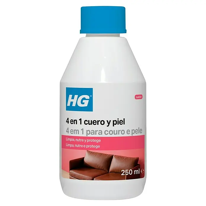 HG Limpiador para la piel y cuero 4 en 1 - 250 ml, Botella - Botella blanca HG 4 en 1 limpiador de cuero con tapa azul, 250ml.