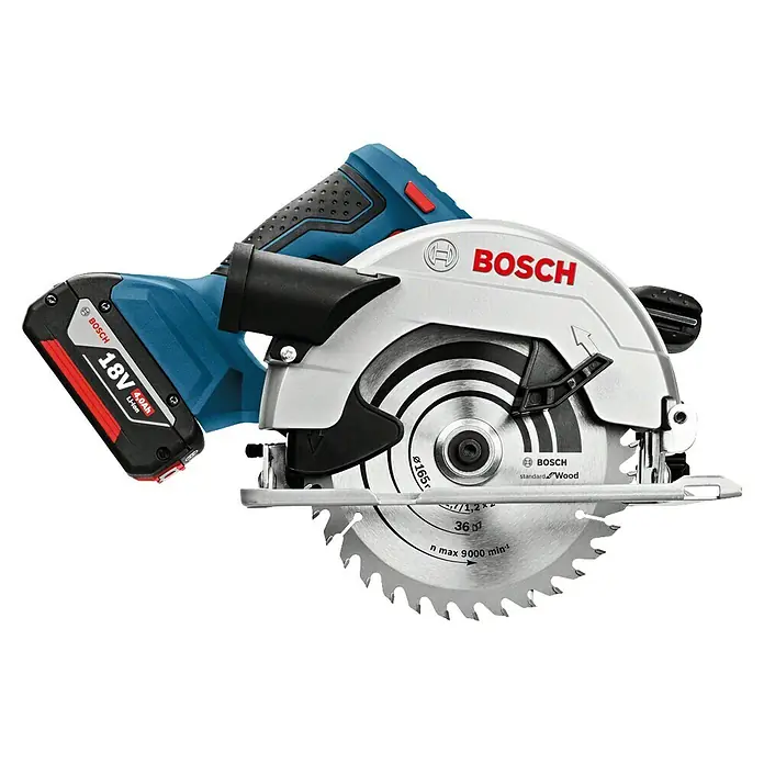 Bosch Professional AMPShare 18V Akku-Handkreissäge GKS 18V-57 G L-Boxx - 18 V, 2 Akkus, Leerlaufdrehzahl: 3.400 U/min, Sägeblatt: 165 mm - Akku-Kreissäge von Bosch mit blauem Griff und 18V Akku, ideal für Holzarbeiten mit präzisen Schnitten und hoher Leistung.