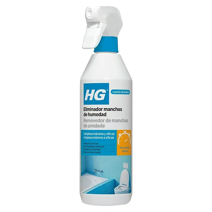 HG Limpiador antimoho - 500 ml, Bote de rociado - Botella spray HG quitamanchas de humedad para baño, blanca con detalles azules y etiqueta de baño, 500 ml.