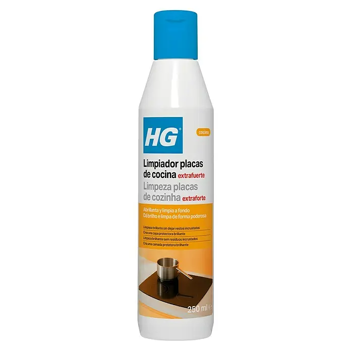 HG Limpiador intensivo para placas de cocina - 250 ml, Botella - Botella blanca HG de limpiador de placas de cocina extrafuerte con tapón azul y etiqueta con una placa. 250 ml de volumen.