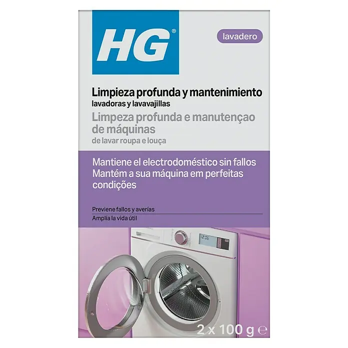 HG Mantenimiento para lavadoras y lavavajillas - 200 ml, Tipo de envase: Botella - HG limpiador y mantenedor profundo para lavadoras y lavavajillas. Envase de 2x100g mostrado con una lavadora.