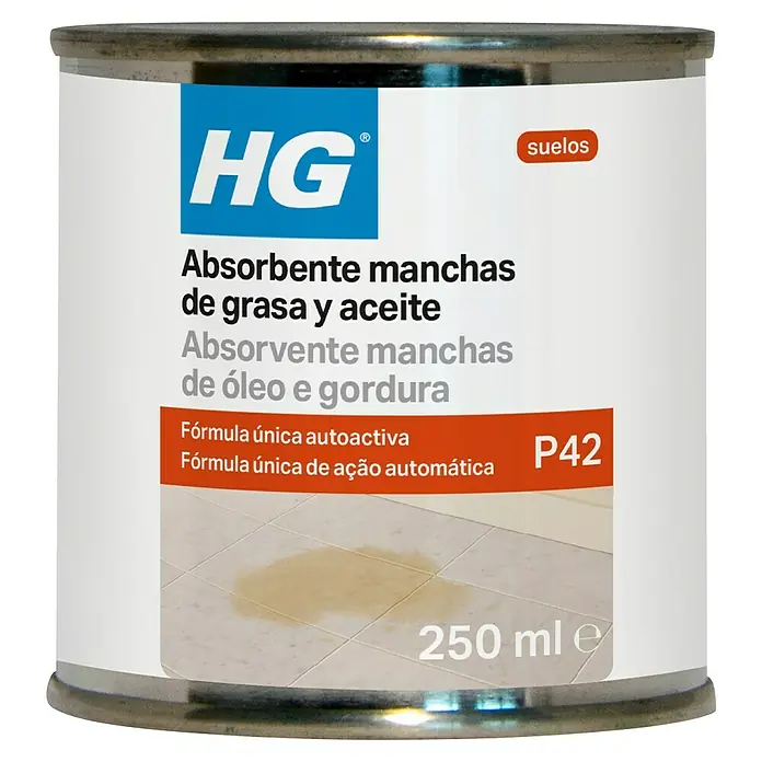 HG Limpiador Absorbente de manchas de grasa y de aceite - 250 ml, Cubo - Lata metálica HG de 250 ml de absorbente autoactivo de manchas de grasa y aceite para suelos.