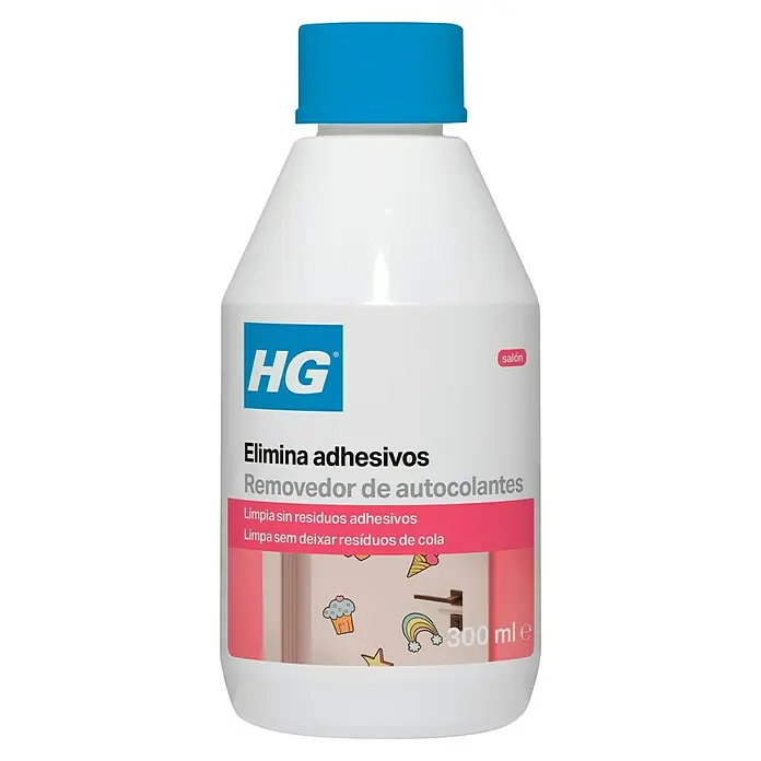 HG Eliminador de adhesivo - 300 ml, Botella - Botella blanca HG quitaadhesivos con tapa azul, 300 ml.