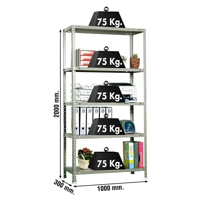 Simonrack Simonclassic Estantería metálica Advantage Plus - Al x An x Pr: 200 x 100 x 30 cm, Capacidad de carga por balda: 75 kg, Número de baldas: 5 ud., Atornillado, Gris - Una estantería de cinco niveles, con una capacidad de carga total de 375 kg, ideal para oficina o almacén. Las dimensiones son 2000 mm de altura, 1000 mm de ancho y 300 mm de profundidad.