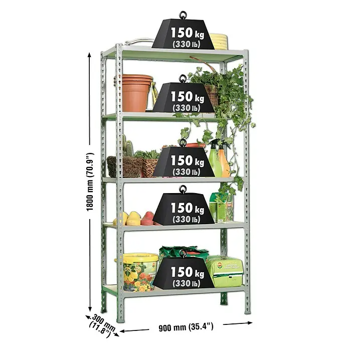 Simonrack Maderclick Estantería metálica - Al x An x Pr: 180 x 90 x 30 cm, Capacidad de carga por balda: 150 kg, Número de baldas: 5 ud., Inserción, Gris - Imagen de una estantería resistente de cinco niveles, cada estante soporta hasta 150 kg, con varios objetos almacenados.