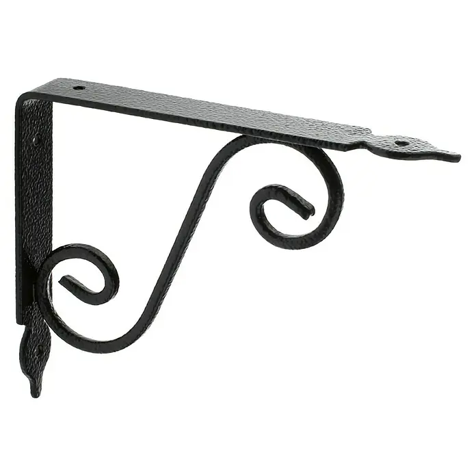 Rei Clásica Escuadra de soporte 1477 - L x An x Al: 14,5 x 19 x 2,6 cm, Acero, Negro - Soporte de pared de metal negro con volutas decorativas para montar estantes u otros objetos en la pared.