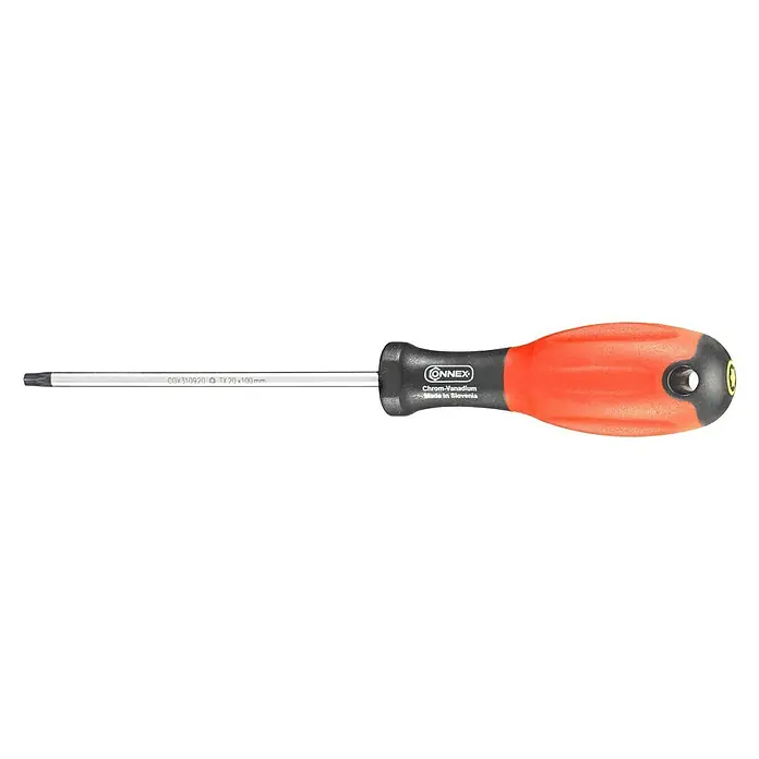 Connex Destornillador COX310920 - TX 20 - Primer plano de un destornillador Connex Torx con hoja de cromo-vanadio y mango ergonómico para un atornillado cómodo.