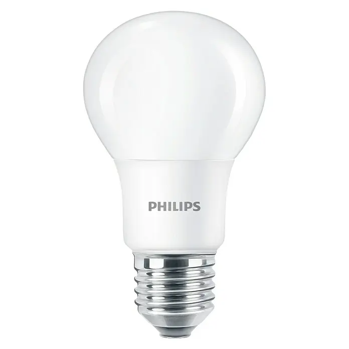 Philips Bombilla LED - E27, No regulable, Blanco cálido, 806 lm, 8 W - Imagen de una bombilla LED Philips blanca brillante con base E27 estándar.
