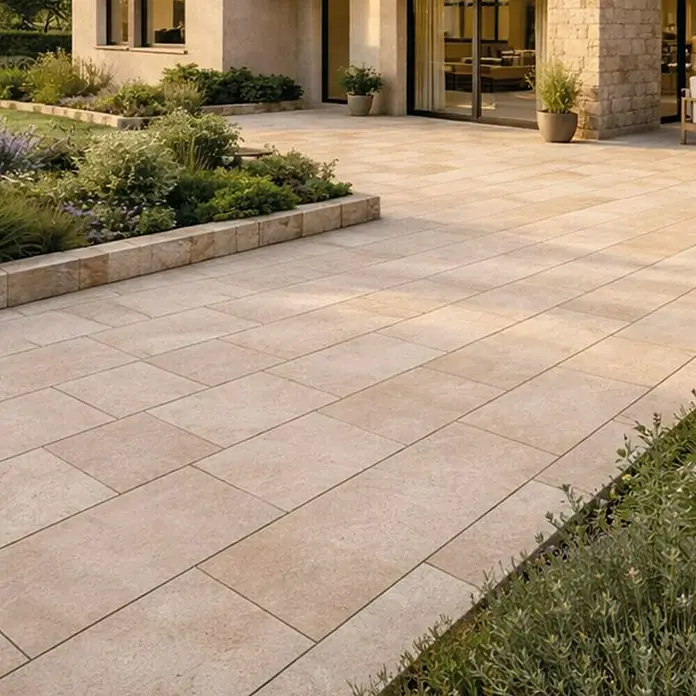 Terrassenfliese Torre - 40 x 80 x 2 cm, Botticino, Matt - Helle beigefarbene Terrassenplatten in versetztem Muster bilden eine geräumige Terrasse neben einem Haus und Garten.